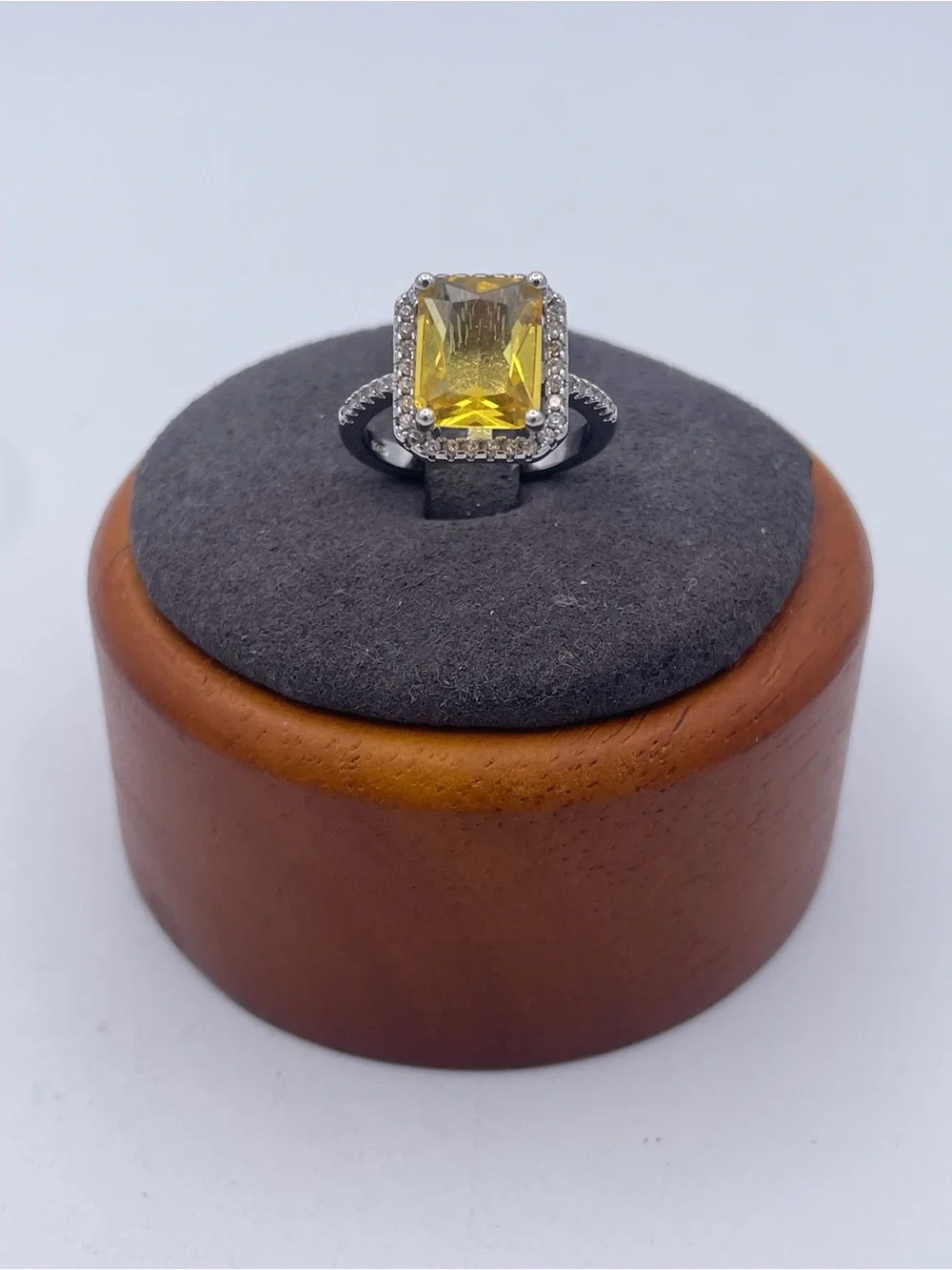 925 Sterling Silver Yellow CZ Halo Ring Emerald Cut Citrine Colored CZ size 5.5